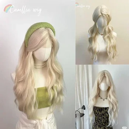 Parrucche Camllia Parrucche bionde lunghe e dritte Parrucca Lolita carina naturale con frangia Parrucca cosplay con fascia bionda per l'uso quotidiano