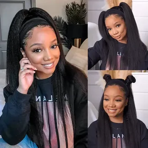 Wigiau Headband Synthetig ar gyfer Merched Du Kinky Straight Wig Gyda Headband 20 modfedd Dim Lace Front Wig Long Yaki Straight Machine