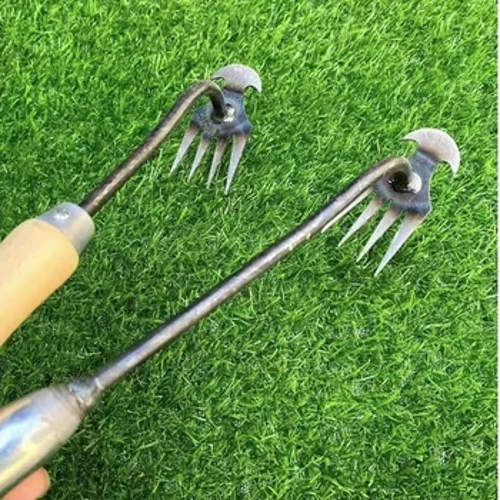Artefact de désherbage, outil de désherbage, extracteur de mauvaises herbes en acier à 4 dents, outil manuel de désherbage à double usage pour le jardin