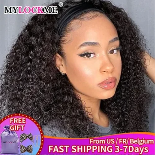 Kinky Curly Headband Wig Human Hair MYLOCKME Glueless Murang Machine Made Wig Para sa Black Women Designer Brazilian Remy Curly Hair
