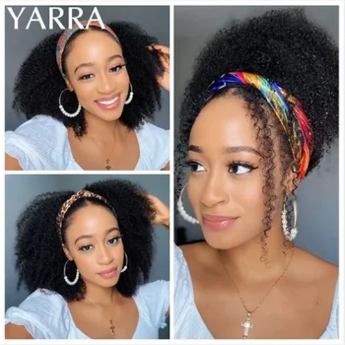 Lasulja z naglavnim trakom iz človeških las, afro, kinky, kodrasti, brez lepila, brazilske lasulje Remy, afro, z naglavnim trakom, šal lasulje za črne ženske 150 % Yarra