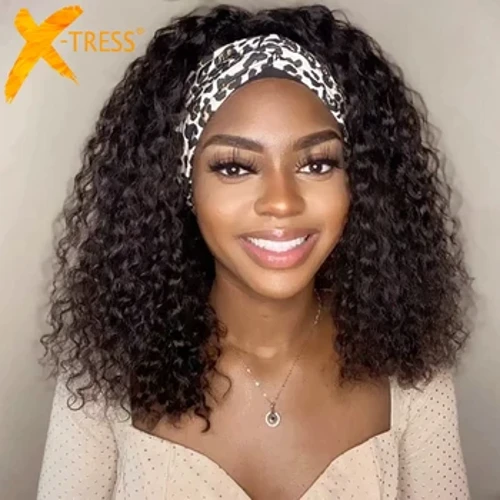 Wig Band Pen Synthetig Ar gyfer Merched Du Kinky Cyrliog Hyd Canolig 18" Ombre Peiriant Di-glud Brown Wig Sgarff Gwallt X-TRESS