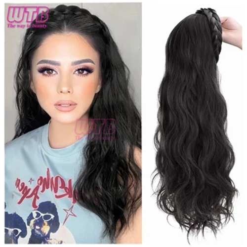 Wig Band Pen Tonnog Hir Synthetig Bwrdd Croeso Cymru Wig Du Brown Merched Gyda Band Gwallt Braid Twist Affeithwyr Hanner Naturiol Wig i Ferched
