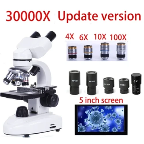 Zoom 30000X biologik HD mikroskop, laboratoriya uchun keng maydonli 10X va 50X koʻzoynakli raqamli laboratoriya aralash mikroskop