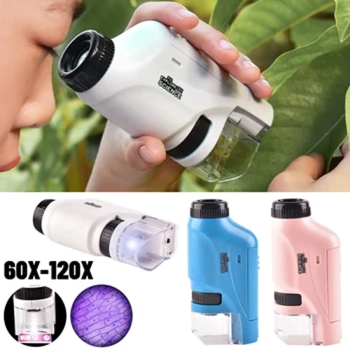 I-Pocket Microscope Educational Kids Science Toy Kit Ibhethri Esebenza I-60X-120X Mini Handheld Microscope enokukhanya kwe-LED kwezingane
