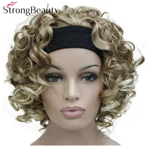 StrongBeauty Kort Krullend Synthetische Pruiken met Hoofdband Vrouwen Blauw/Grijs/Zwart/Rood/Blond/Bruin Pruiken 3/4 Half Pruik voor Lady