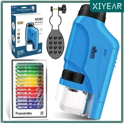 Mini kit de microscópio de bolso 60-120X, microscópio portátil de laboratório com luz LED, microscópios científicos infantis alimentados por bateria