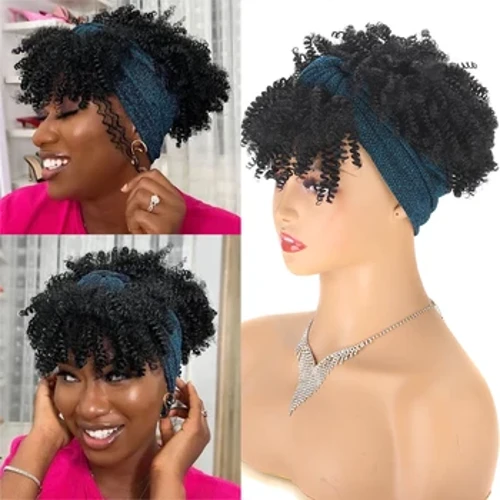 Wigiau Headband Cyrliog Byr ar gyfer Merched Wig Gwallt Synthetig gyda Sgarff Wig Band Pen Cyrliog Affro gyda Wigiau Band Pen Bangs ar gyfer Defnydd Dyddiol