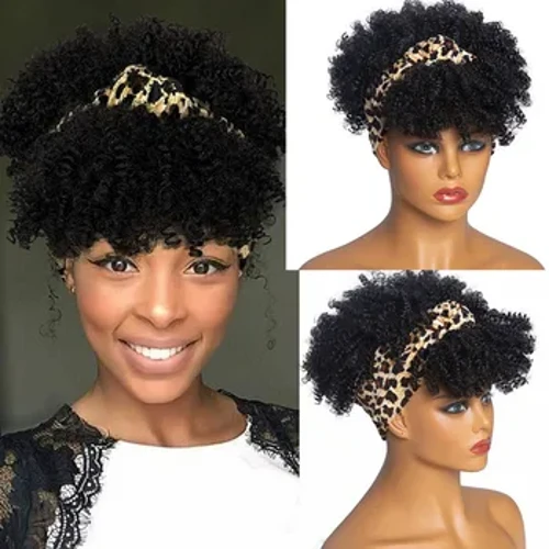 Ikat Kepala Wig Wanita Eropa dan Amerika Wig Afrika Afro Kinky Keriting Kepala Macan Tutul Cetak Jilbab Rambut Keriting Kecil Fluffy Wig