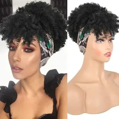 Qora ayollar uchun jingalak pariklar, bosh bogʻichli pariklar oʻralgan 2 ta 1 ta sintetik kalta afro jingalak jingalak parik