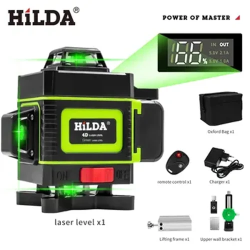 HILDA 16/12 Lines Laser Level Green Line Itsetasaava 360 vaakasuora ja pystysuora erittäin tehokas lasertason vihreä säde
