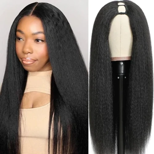 Perruque U Part crépue lisse 10-30 pouces V Part Yaki, cheveux synthétiques lisses pour femmes, utilisation quotidienne, sans colle, entièrement fabriquées à la Machine