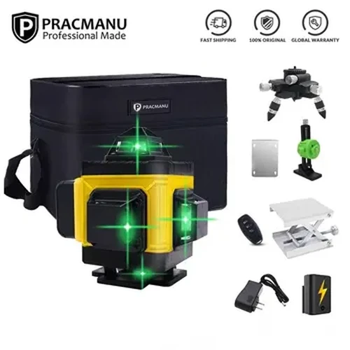 Pracmanu 16 Linhas 4D Laser Nível Horizontal e Vertical Cruz Linha Verde 360° Nível de laser autonivelante com controle remoto