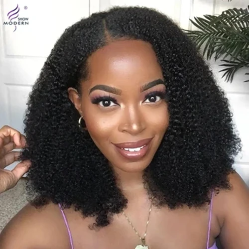 Hōʻike Hou Kinky Curly U Part Wigs No nā Wahine Peruvian Remy Ka lauoho kanaka Kinky Curly V Part Wig 180% Densities 24 Inch Long Wig