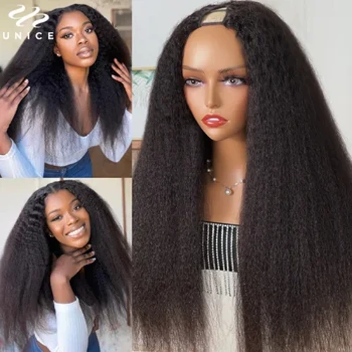 UNice Hair V-formad Kinky Rak Peruk Människohår Wear Go Glueless V-Part Peruk Uppgraderad U-Part Peruk