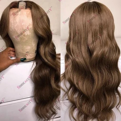 Línéadaigh Tonn Coirp Nádúrtha Donn Gan Glueless U Cuid Wig Gruaige Daonna do Mhná Mná Duibhe Síneadh Gruaige Cheap Leath Wig V Cuid Wig