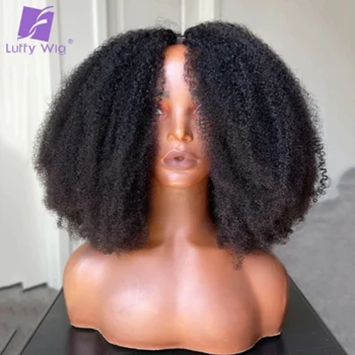 200Density V Form Perücke Afro Kinky Curly Mënsch Hoer V Deel Perück Kuerz Curly Glueless No Leave Out Nei U Part Perücken Fir Fraen