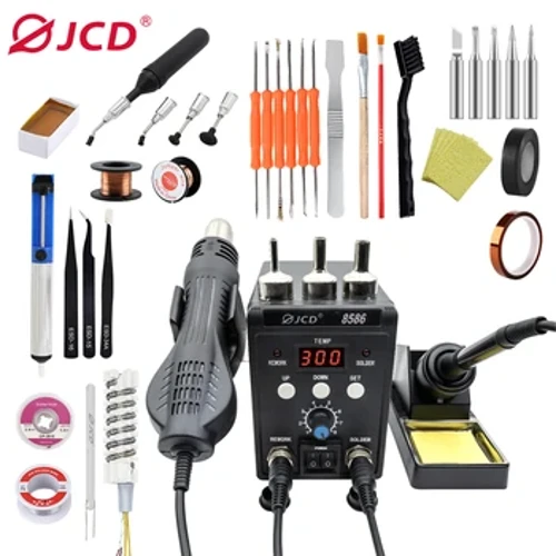 JCD 2 in 1 lodēšanas stacija 8586 LCD digitālais displejs SMD pārstrāde karstā gaisa pistoles lodāmurs 220V 110V ESD metināšanas remonta instrumenti