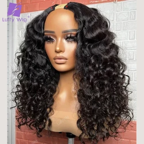 Peruca encaracolada com parte v, cabelo humano, sem deixar de fora, sem cola, brasileira, parte u, cabelo humano, para mulheres negras, peruca vpart 180% luffy