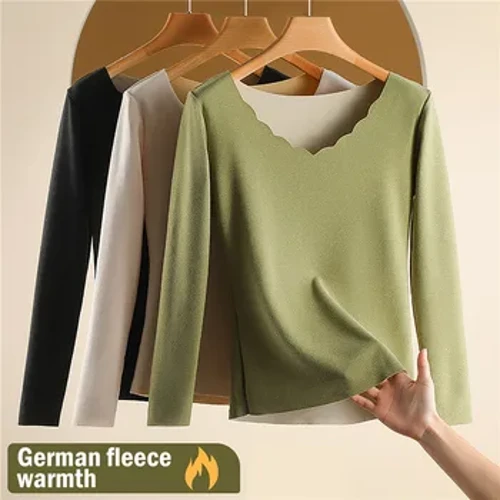 Kaos Wanita Termal Musim Dingin V-Neck Lengan Panjang Bottoming Kemeja Mulus Lapisan Ganda Lingerie Hangat Self-Heating Tank Top