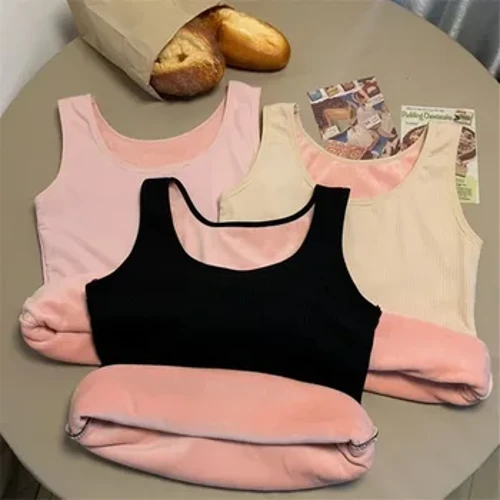 Pakaian Dalam Termal Musim Dingin Wanita Atasan Mulus Plus Beludru Kaos Tanpa Lengan Rompi Hangat Wanita