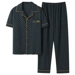 Herr 100 % bomull pläd sommar nattkläder kortärmade långa byxor Homewear Cardigan nattkläder kostym