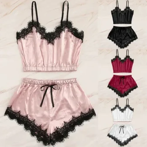 Izingubo zokulala zabesifazane ezi-Sexy Satin Pajama Setha Ileyisi Emhlophe V-intamo Amaphijama Angenamikhono Amnandi Angenamikhono Aphezulu Kanye Nezikhindi Ezimfishane Zasehlobo Ezingenamikhono I-Ra
