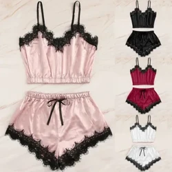 Ofu moe a tama'ita'i Sexy Satin Pyama Set Pa'epa'e Lace V-ua ofu moe e leai se lima Manalelei Cami pito i luga ma Pu'upu'u Summer le lima lima Rayon.