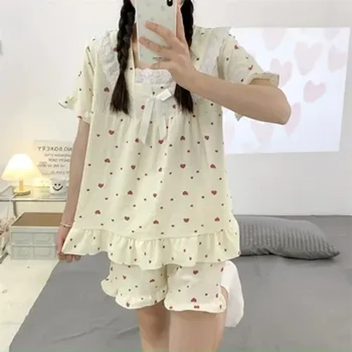 Ngọt Ngào Nữ Mùa Hè Pyjama Set Bong Bóng Cotton Quần Short Tay Ngắn Đồ Ngủ Mặc Ngoài Phong Cách Công Chúa Homewear Phù Hợp Với