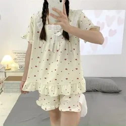 Sweet Women's Summer Pyjamas Set Bubble Cotton Kortärmade Shorts Sovkläder Ytterkläder Princess Style Homewear Kostym