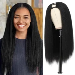 U-Deel Perück Kinky Straight Soft Synthetesch Hoer Glueless Perück Italienesch Yaki Straight Clip An Hallef Perücken fir Schwaarz Fraen U Form Perücke