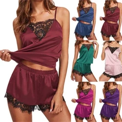 Kadın pijama takımı saten dantel pijama iç çamaşırı bayanlar elastik askı şort kıyafeti takım elbise seksi kolsuz iç çamaşırı üstleri