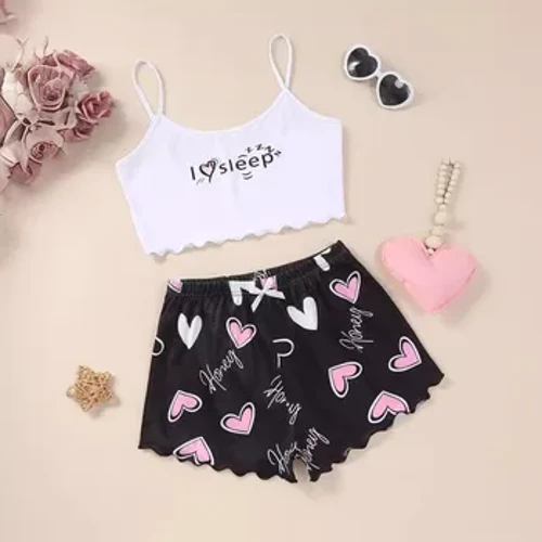 Todelt pysjamas for kvinner Hjerte Brevtrykk Vest Nattøy Pyjamas Camisole Shorts Sett Sommer Loungewear Hjemmeklær