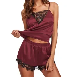 Satin Sexig Spets Pyjamas Set Sex V-hals Dam Nattkläder Kvinnlig Spaghetti Armband Ärmlös topp Shorts Nattdräkt Nattlinne Underkläder