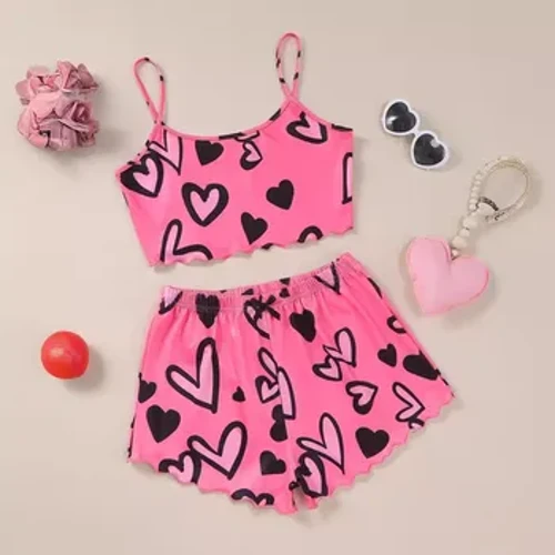 Kadın pijama takımı pembe kalp baskı yaz kaşkorse şort gecelik pijama kadın seksi kolsuz mahsul elastik pijama
