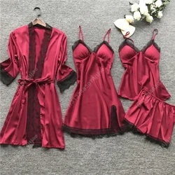 2024 Nuovo 4PCS Pigiama Degli Indumenti Da Notte Set di Seta Delle Donne Camicia Da Notte Abito di Pizzo Abito di Sonno Degli Indumenti Da Letto di Seta di Colore Solido Pijama Set