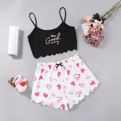 2 Pcs Lucu & Nyaman Jantung Cetak Piyama Tanpa Lengan Piyama Top & Piyama Set Celana Pendek Pakaian Wanita & Pakaian Tidur