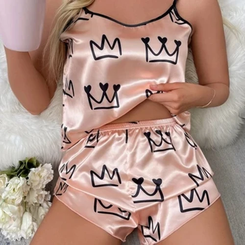 Sexet pyjamassæt Kvinder Lingeri Satin Silke Spaghetti Strap Top Hot Shorts Soft Sleep Crown Print Nattøj 2-delt Femme Pijamas