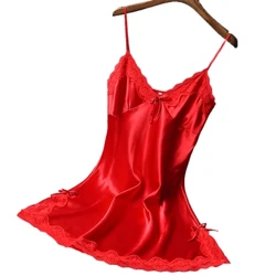 Heta sexiga klänningar för kvinnor Satin Mjuk Nattklänning Spaghetti Rem Spets Underkläder Sovkläder Dam Slät Pyjamas Omlottklänning Robe