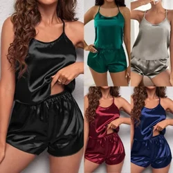 Dillad Cwsg Merched Sexy Lace Satin Pyjama Setiau Nos Topiau Llewys + Siorts 2Pcs Setiau Pyjama Setiau Pyjama i Ferched