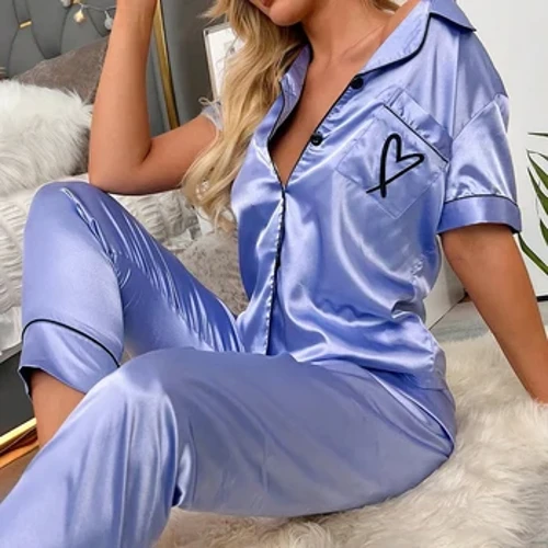 Set de pijamale pentru femei, pantaloni cu mânecă scurtă de vară, pijama pentru femeie, cu broderie de buzunar, haine de acasă, pijama pentru femei