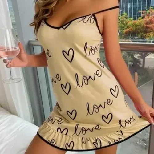 Femmes mignon chemise de nuit pyjamas lait soie coeur imprimé vêtements de nuit col en V Lingerie Sexy Spaghetti sangle vêtements de nuit filles Homewear robe