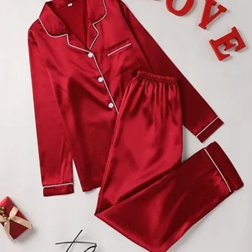 Bộ đồ pyjama rắn cài đặt nút dài tay lên trên Top & Quần Bộ đồ ngủ của phụ nữ & đồ ngủ lụa cho phụ nữ