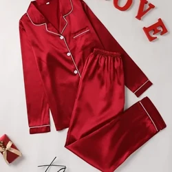 Set de pijama solidă, cu mânecă lungă, cu rever, cu nasturi în sus, set de pantaloni și îmbrăcăminte de dormit pentru femei, pijamale din mătase pentru femei