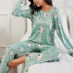 Amasethi E-Spring Pajama Abesifazane Athambile Futhi Anethezekile Ikati Elihle Eliphrintiwe Izingubo Zokulala Zemikhono Emide Nebhulukwe Isethi ka-Lady Pjs