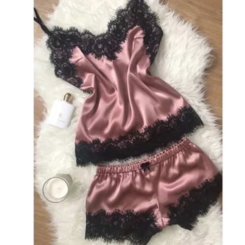 Kvinnor Pyjamas Kostym Mode V-ringad Stretch Satin Babydoll Spets Sexiga Underkläder Bowknot Pyjamas Sleep Shorts Set Sovkläder Nytt