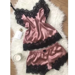 Kadın pijama takım elbise moda v yaka streç saten Babydoll dantel seksi iç çamaşırı ilmek pijama uyku şort takımı pijama yeni