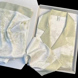 Nữ Satin Pyjama Set Mùa Xuân Mới Cổ Điển Sandpainting Pyjama Set Tay Dài Nút Xanh Pyjama Phòng Chờ Quần Nữ Đồ Ngủ