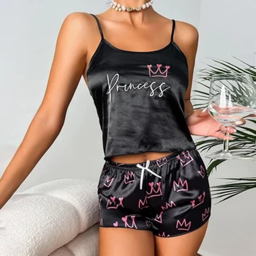 Kadın pijama pijama pijama takımı mektup nakış Cami üstleri baskı şort takım elbise yaz ince gecelik seksi iç çamaşırı kadınlar için
