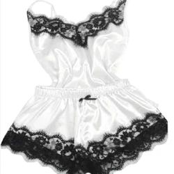 Satin Pyjamas Sexy Lace Pijama Nightie Sleepwear Dillad Cartref Tops a Siorts Merched Sidan Pyjamas Lliw Solid Pyjama Set Merched